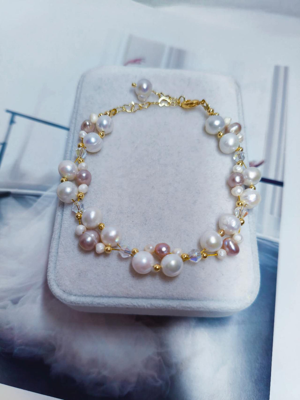 Handmade Braided White Pink Lavender Freshwater Pearl Bracelet AB Crystal Gold Plated Adjustable Extension Chain