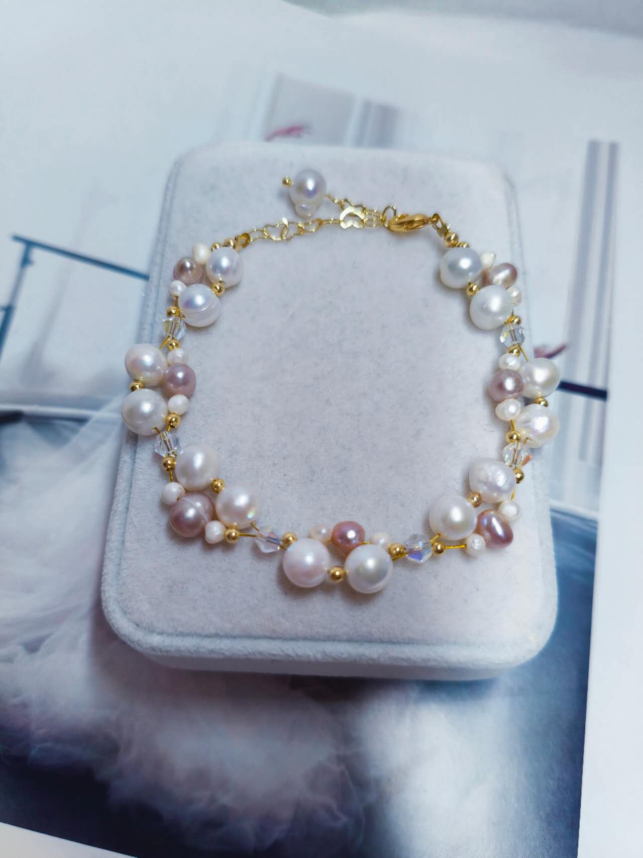 Handmade Braided White Pink Lavender Freshwater Pearl Bracelet AB Crystal Gold Plated Adjustable Extension Chain