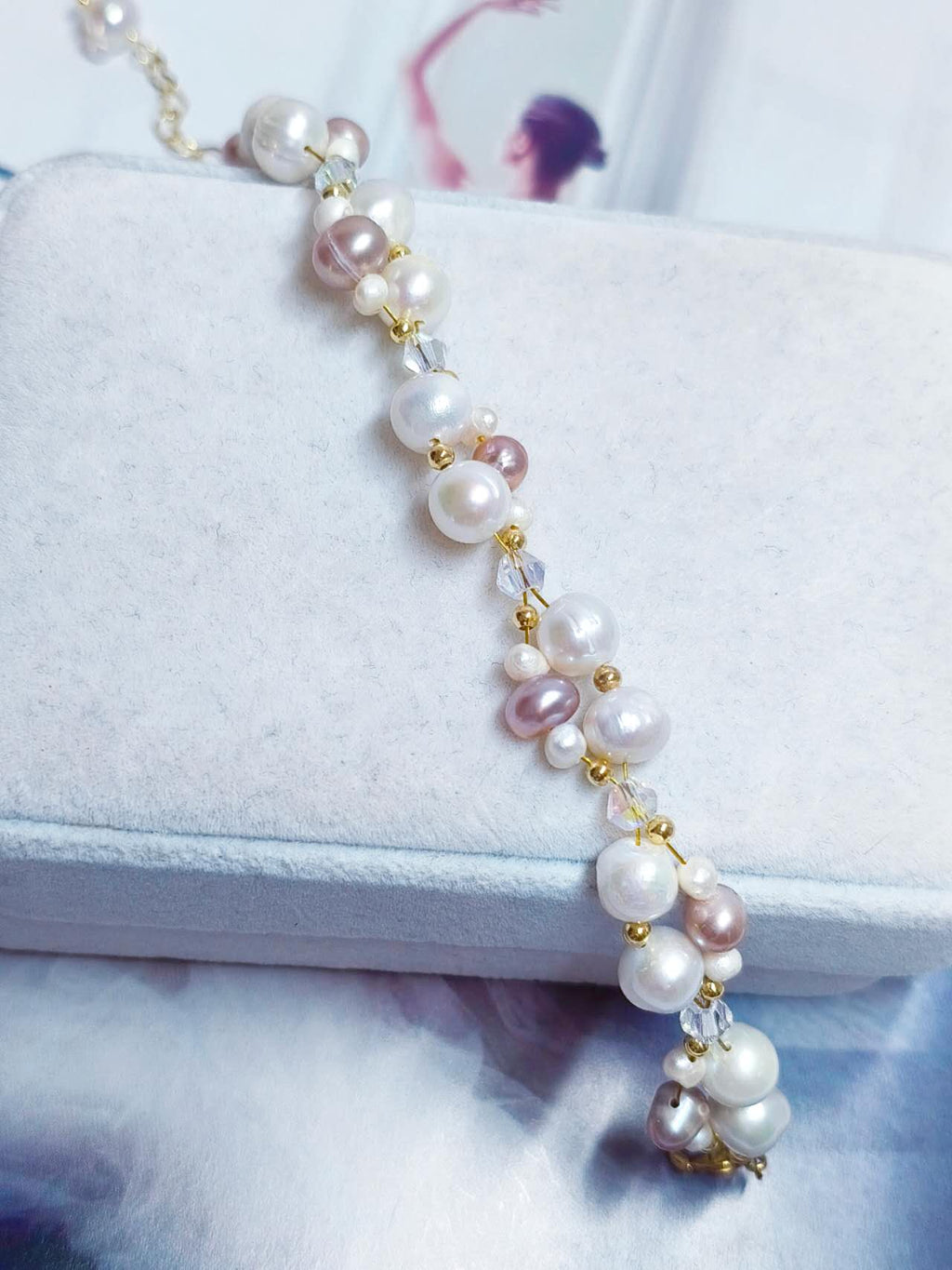 Handmade Braided White Pink Lavender Freshwater Pearl Bracelet AB Crystal Gold Plated Adjustable Extension Chain