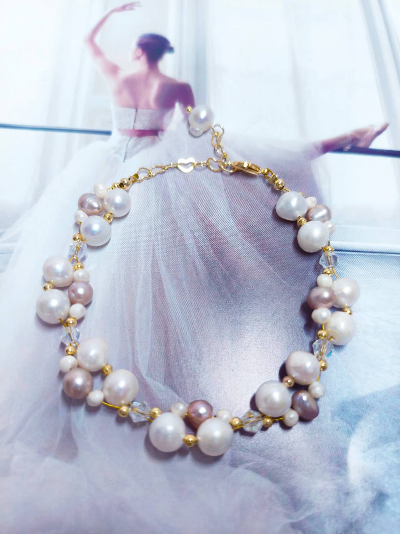 Handmade Braided White Pink Lavender Freshwater Pearl Bracelet AB Crystal Gold Plated Adjustable Extension Chain