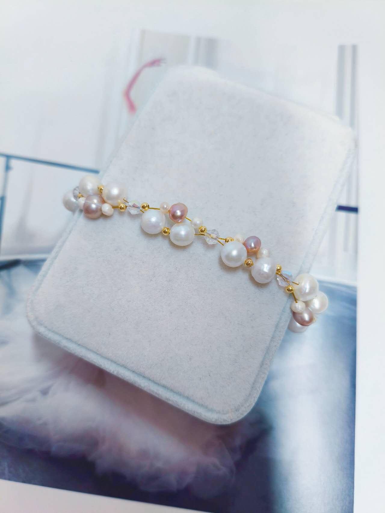 Handmade Braided White Pink Lavender Freshwater Pearl Bracelet AB Crystal Gold Plated Adjustable Extension Chain
