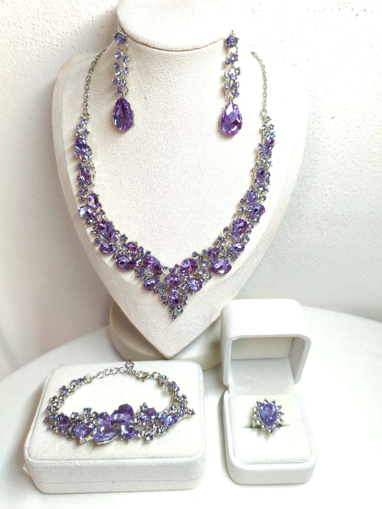 4Pcs Purple Lavender Cubic Zirconia Jewelry Set Hypoallergenic Necklace Earrings Bracelet Ring Bridal