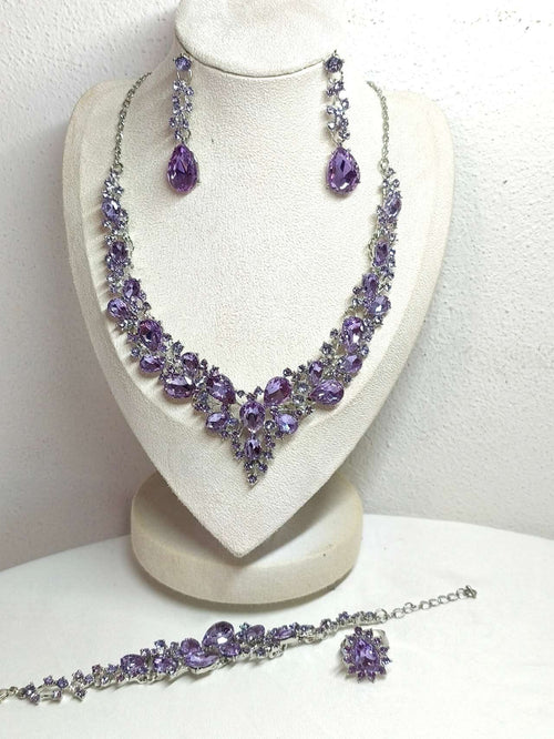4Pcs Purple Lavender Cubic Zirconia Jewelry Set Hypoallergenic Necklace Earrings Bracelet Ring Bridal
