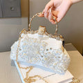 Handmade Beaded Pearl Rhinestone Floral Lace Clutch Bag Gold Frame