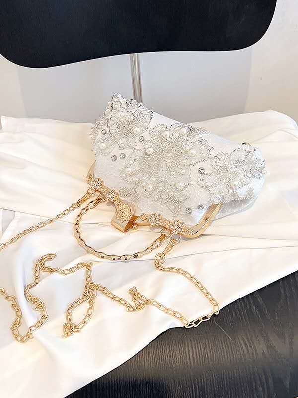 Handmade Beaded Pearl Rhinestone Floral Lace Clutch Bag Gold Frame