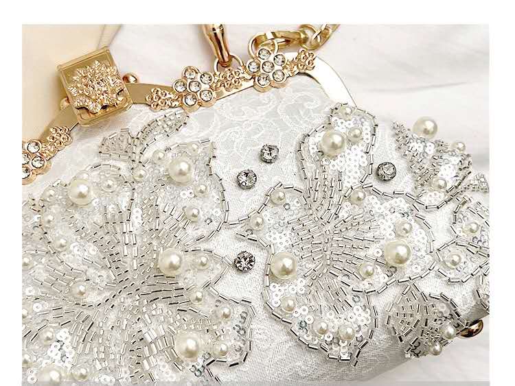 Handmade Beaded Pearl Rhinestone Floral Lace Clutch Bag Gold Frame