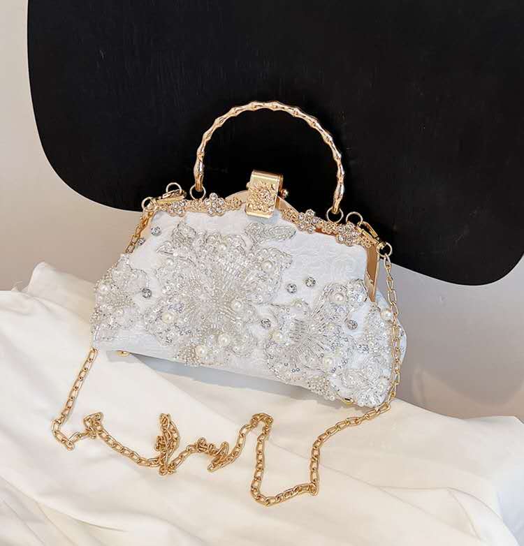 Handmade Beaded Pearl Rhinestone Floral Lace Clutch Bag Gold Frame