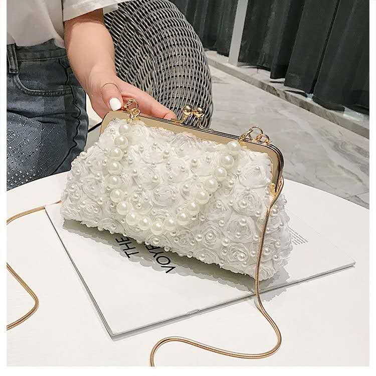 3d Rose Floral Lace Pearl Clutch Evening Bag Faux Pearl Handle Detachable Gold Snake Chain