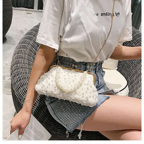 3d Rose Floral Lace Pearl Clutch Evening Bag Faux Pearl Handle Detachable Gold Snake Chain