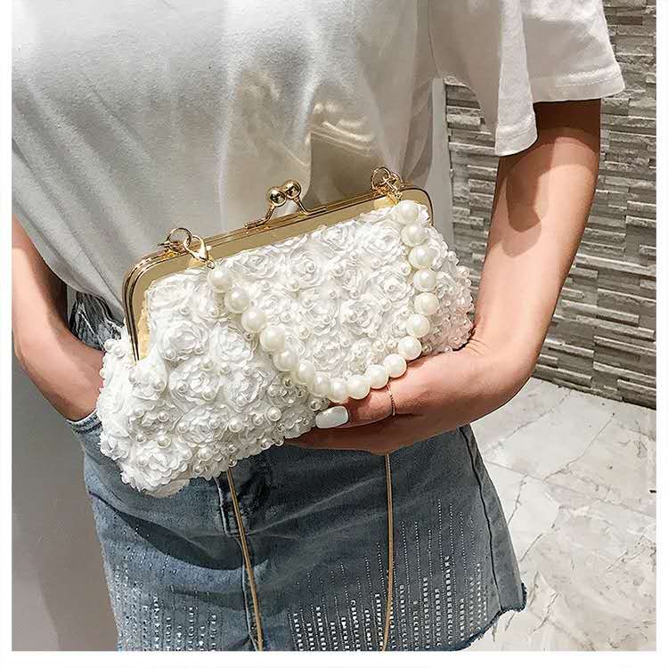 3d Rose Floral Lace Pearl Clutch Evening Bag Faux Pearl Handle Detachable Gold Snake Chain