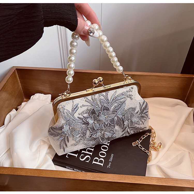 Handmade Floral Embroidery Lace Evening Clutch Bag Faux Pearl Top Handle Detachable Gold Chain Crossbody