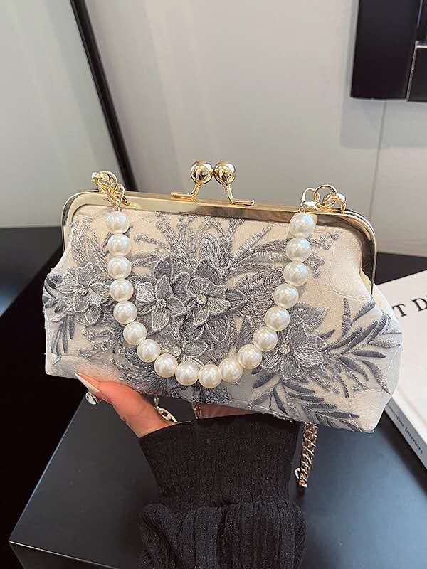 Handmade Floral Embroidery Lace Evening Clutch Bag Faux Pearl Top Handle Detachable Gold Chain Crossbody