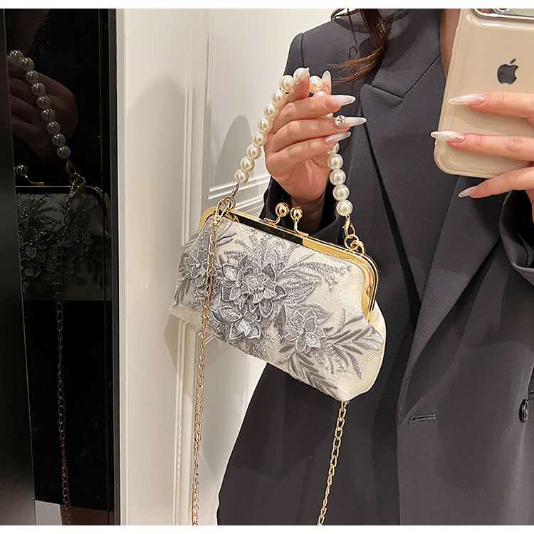Handmade Floral Embroidery Lace Evening Clutch Bag Faux Pearl Top Handle Detachable Gold Chain Crossbody