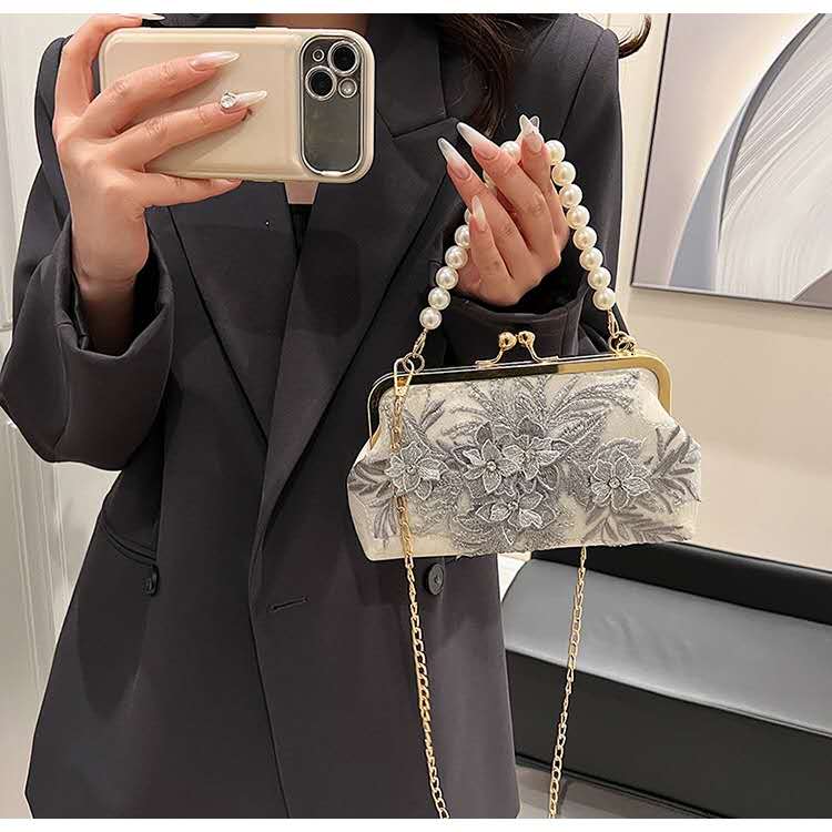 Handmade Floral Embroidery Lace Evening Clutch Bag Faux Pearl Top Handle Detachable Gold Chain Crossbody