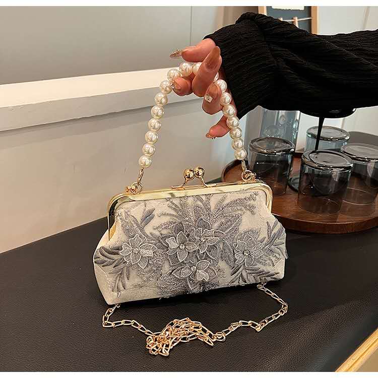 Handmade Floral Embroidery Lace Evening Clutch Bag Faux Pearl Top Handle Detachable Gold Chain Crossbody