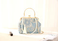Vintage Floral Jacquard Evening Clutch Bag Light Blue Hand Embroidery Pearl Tassel Detachable Gold Chain Crossbody Handbag