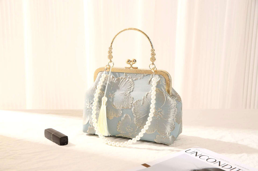 Vintage Floral Jacquard Evening Clutch Bag Light Blue Hand Embroidery Pearl Tassel Detachable Gold Chain Crossbody Handbag