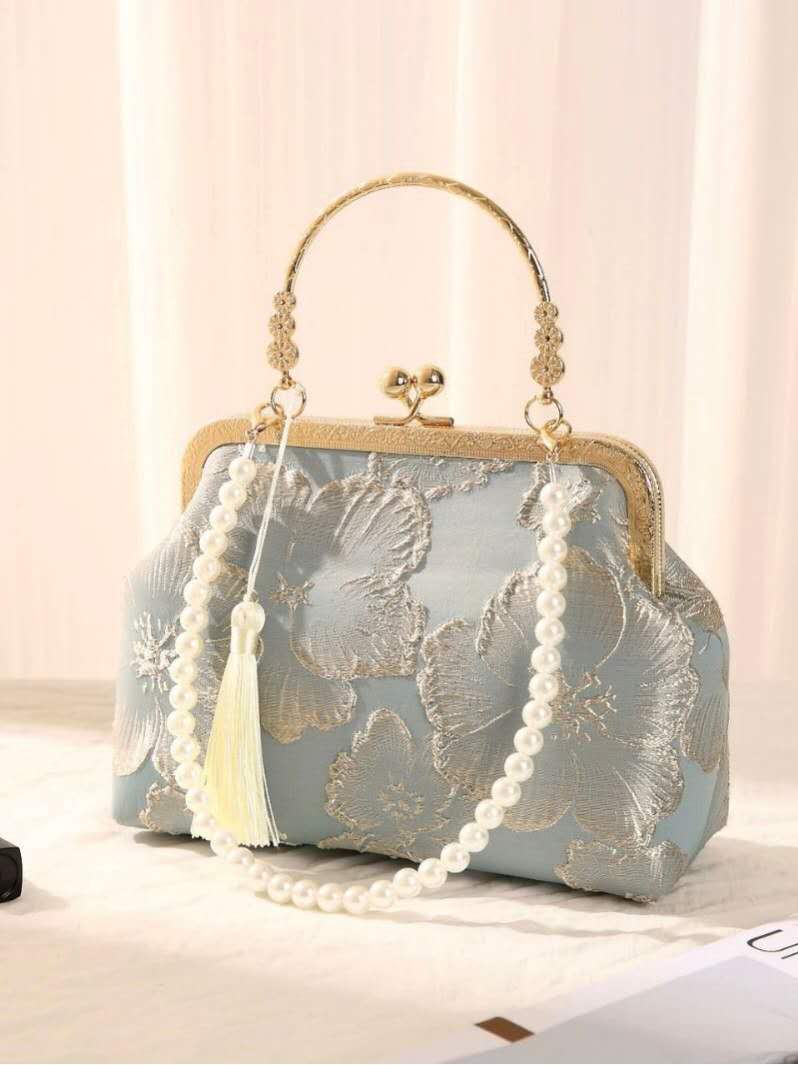 Vintage Floral Jacquard Evening Clutch Bag Light Blue Hand Embroidery Pearl Tassel Detachable Gold Chain Crossbody Handbag