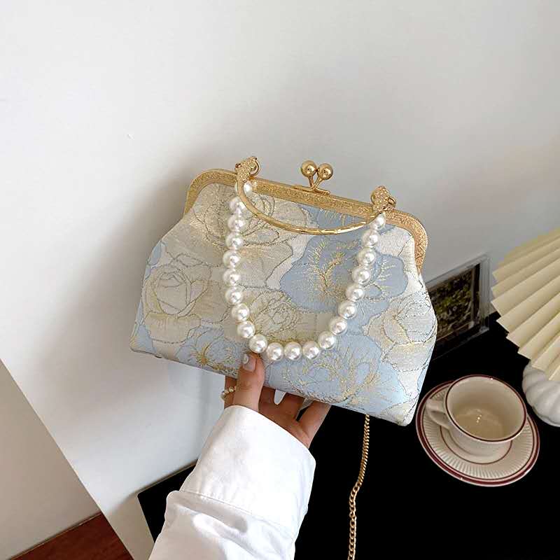Light Blue Floral Jacquard Evening Clutch Bag Faux Pearl Handle Detachable Gold Chain Crossbody Bridal Handbag