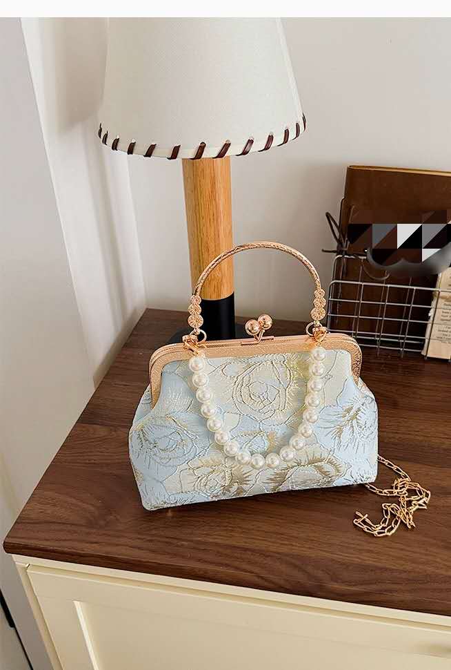 Light Blue Floral Jacquard Evening Clutch Bag Faux Pearl Handle Detachable Gold Chain Crossbody Bridal Handbag