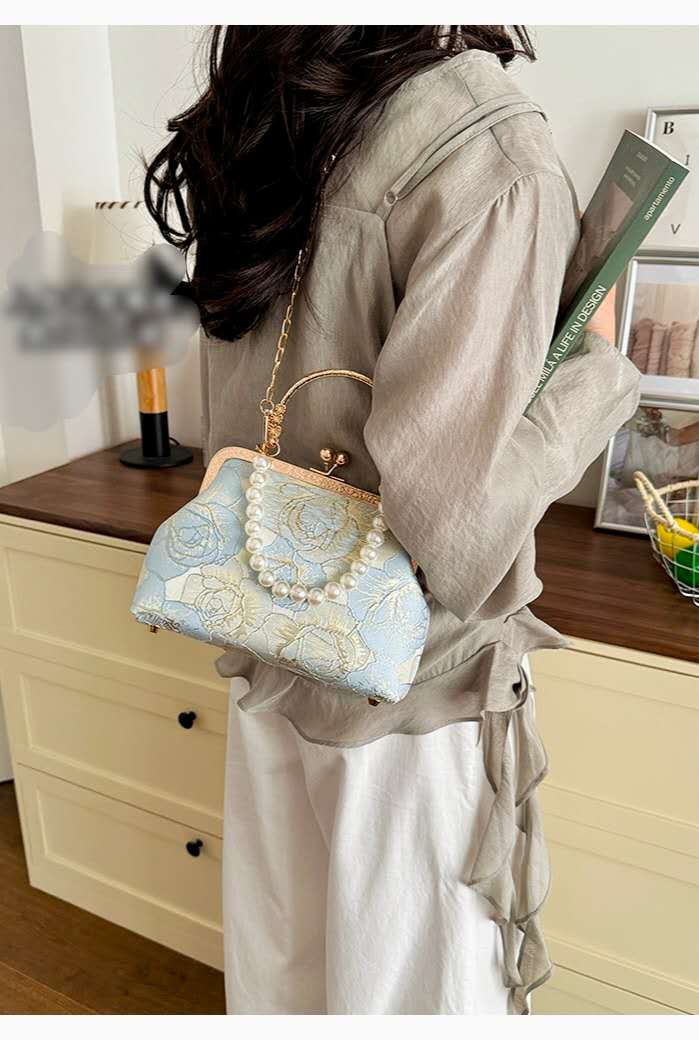 Light Blue Floral Jacquard Evening Clutch Bag Faux Pearl Handle Detachable Gold Chain Crossbody Bridal Handbag