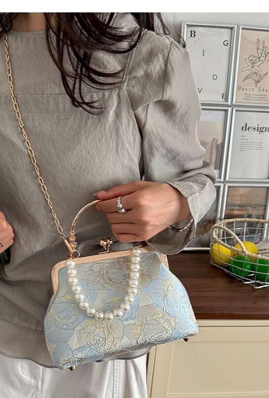 Light Blue Floral Jacquard Evening Clutch Bag Faux Pearl Handle Detachable Gold Chain Crossbody Bridal Handbag