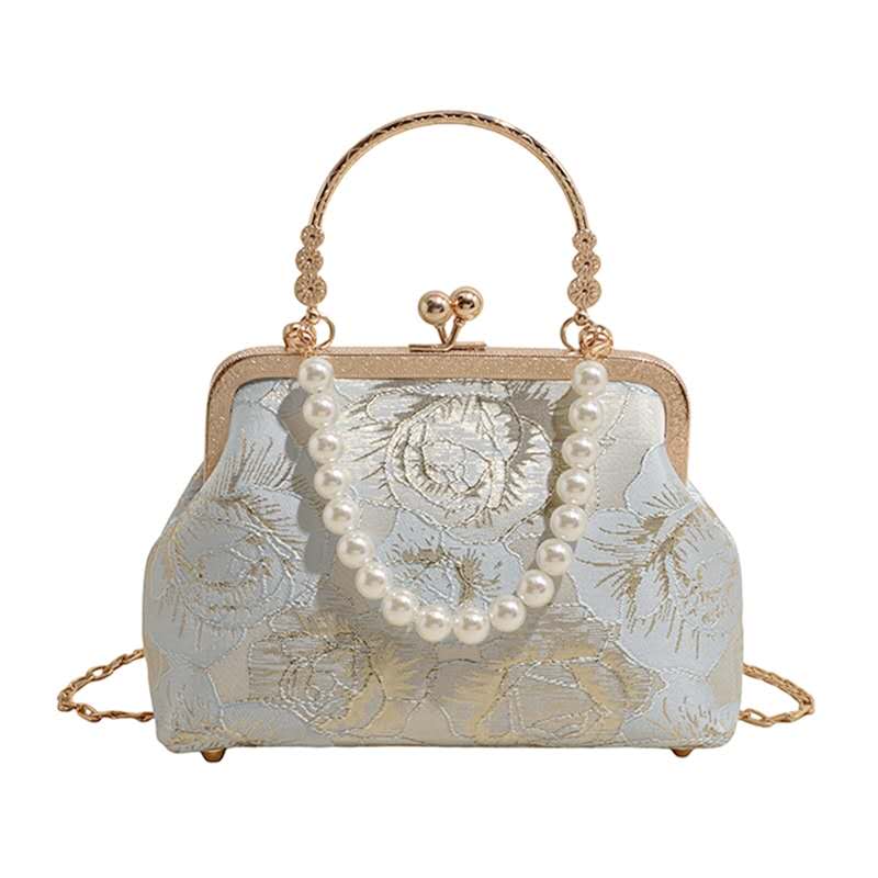 Light Blue Floral Jacquard Evening Clutch Bag Faux Pearl Handle Detachable Gold Chain Crossbody Bridal Handbag