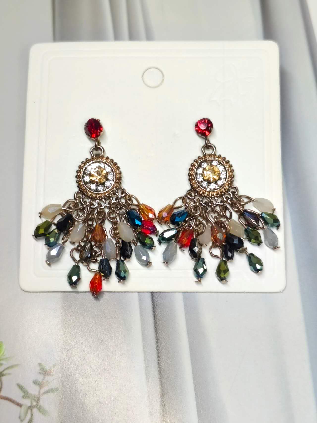 Bohemian Crystal Tassel Drop Earrings Multicolor Rhinestone Gold Plated Ethnic Dangle Earrings