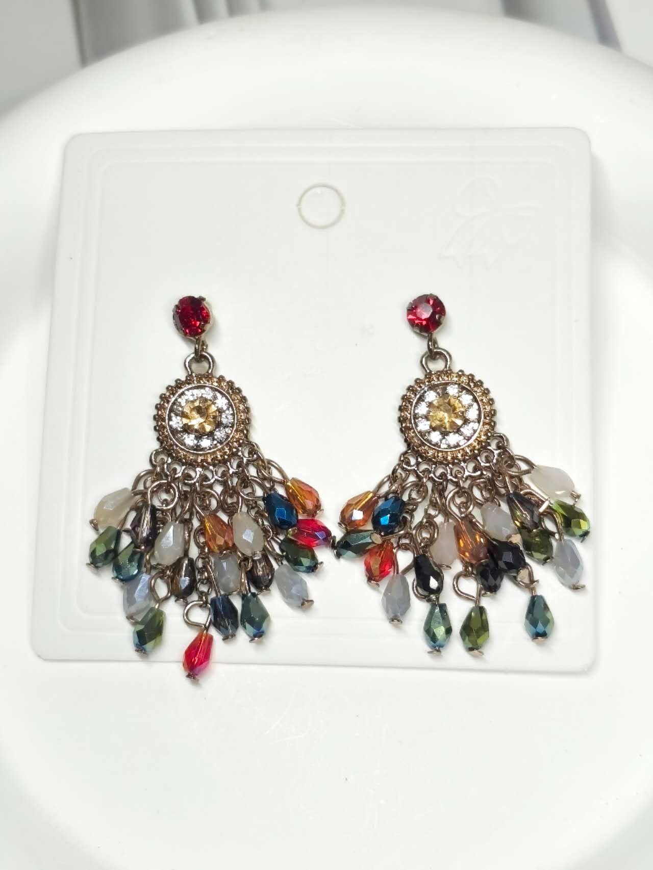 Bohemian Crystal Tassel Drop Earrings Multicolor Rhinestone Gold Plated Ethnic Dangle Earrings