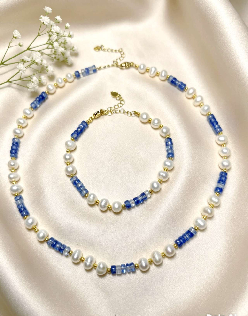 2Pcs Natural Freshwater Pearl & Blue Kyanite Jewelry Set Handmade Beaded Necklace Bracelet Gold Plated Adjustable Set