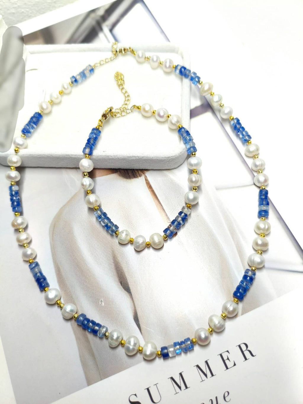 2Pcs Natural Freshwater Pearl & Blue Kyanite Jewelry Set Handmade Beaded Necklace Bracelet Gold Plated Adjustable Set