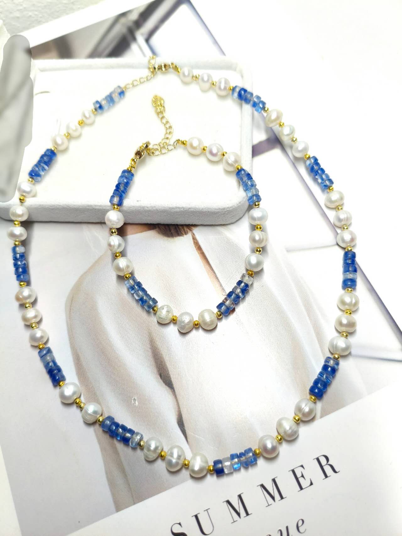 2Pcs Natural Freshwater Pearl & Blue Kyanite Jewelry Set Handmade Beaded Necklace Bracelet Gold Plated Adjustable Set