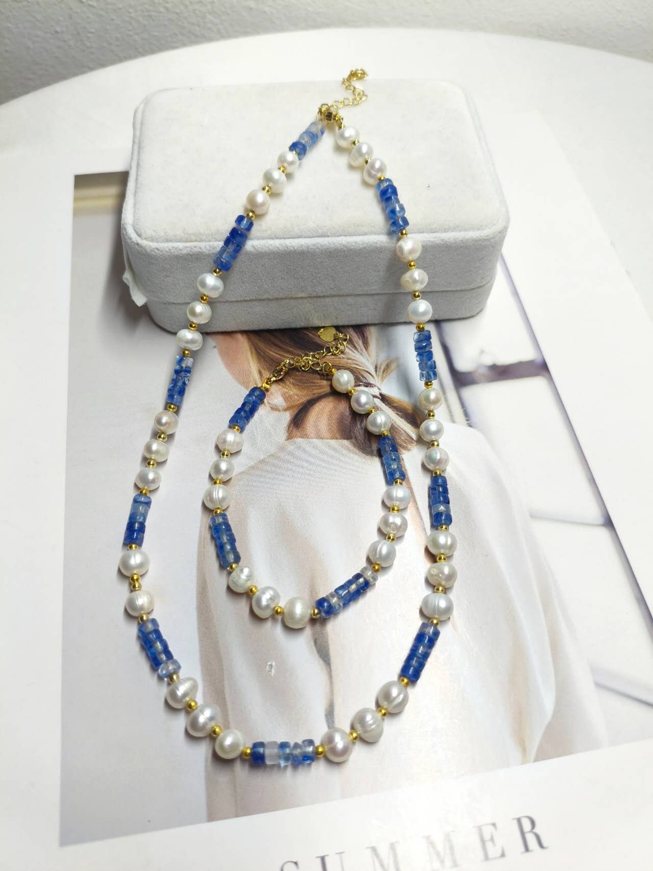 2Pcs Natural Freshwater Pearl & Blue Kyanite Jewelry Set Handmade Beaded Necklace Bracelet Gold Plated Adjustable Set
