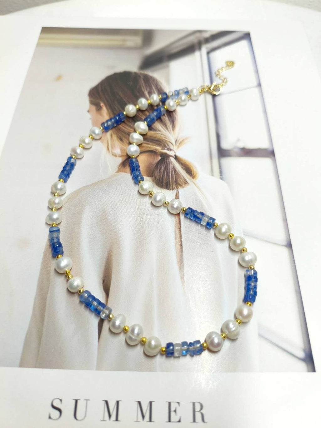 2Pcs Natural Freshwater Pearl & Blue Kyanite Jewelry Set Handmade Beaded Necklace Bracelet Gold Plated Adjustable Set