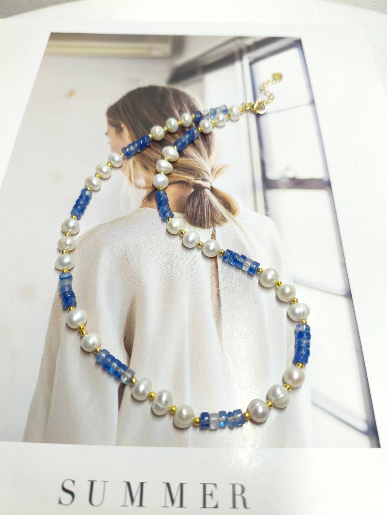 2Pcs Natural Freshwater Pearl & Blue Kyanite Jewelry Set Handmade Beaded Necklace Bracelet Gold Plated Adjustable Set