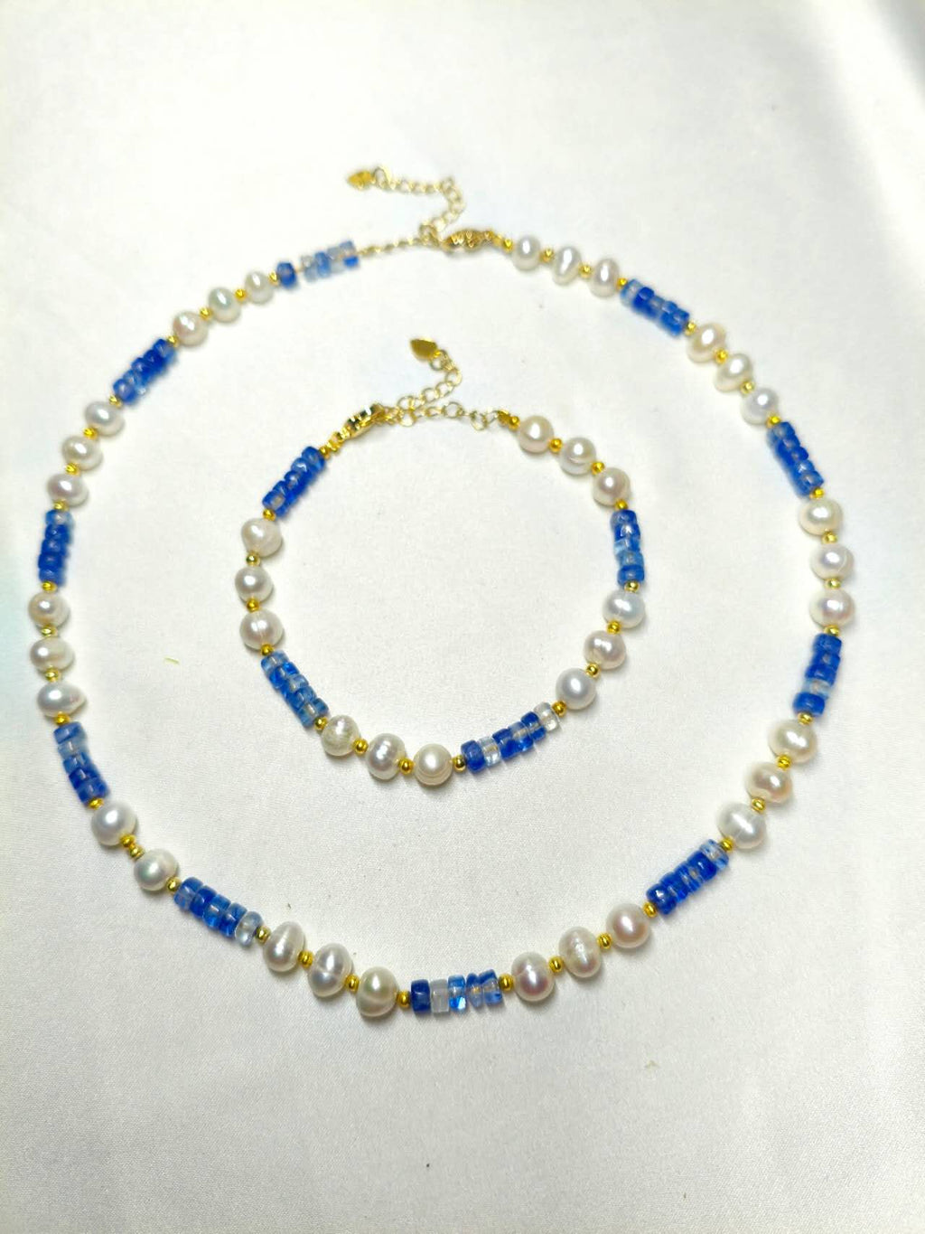 2Pcs Natural Freshwater Pearl & Blue Kyanite Jewelry Set Handmade Beaded Necklace Bracelet Gold Plated Adjustable Set