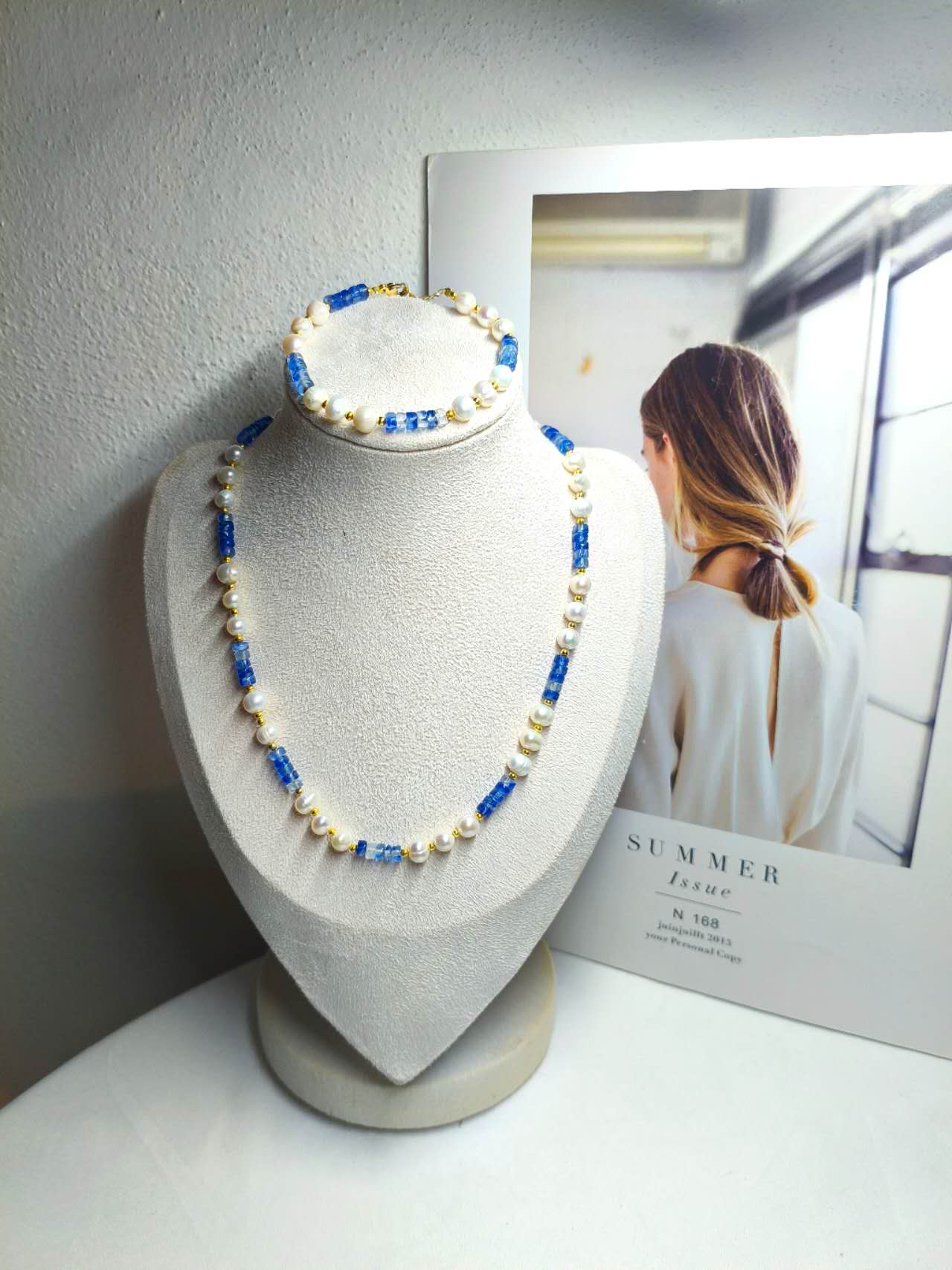 2Pcs Natural Freshwater Pearl & Blue Kyanite Jewelry Set Handmade Beaded Necklace Bracelet Gold Plated Adjustable Set