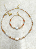 2Pcs Natural Baroque Pearl & Sunstone Beaded Jewelry Set Necklace Bracelet Gold