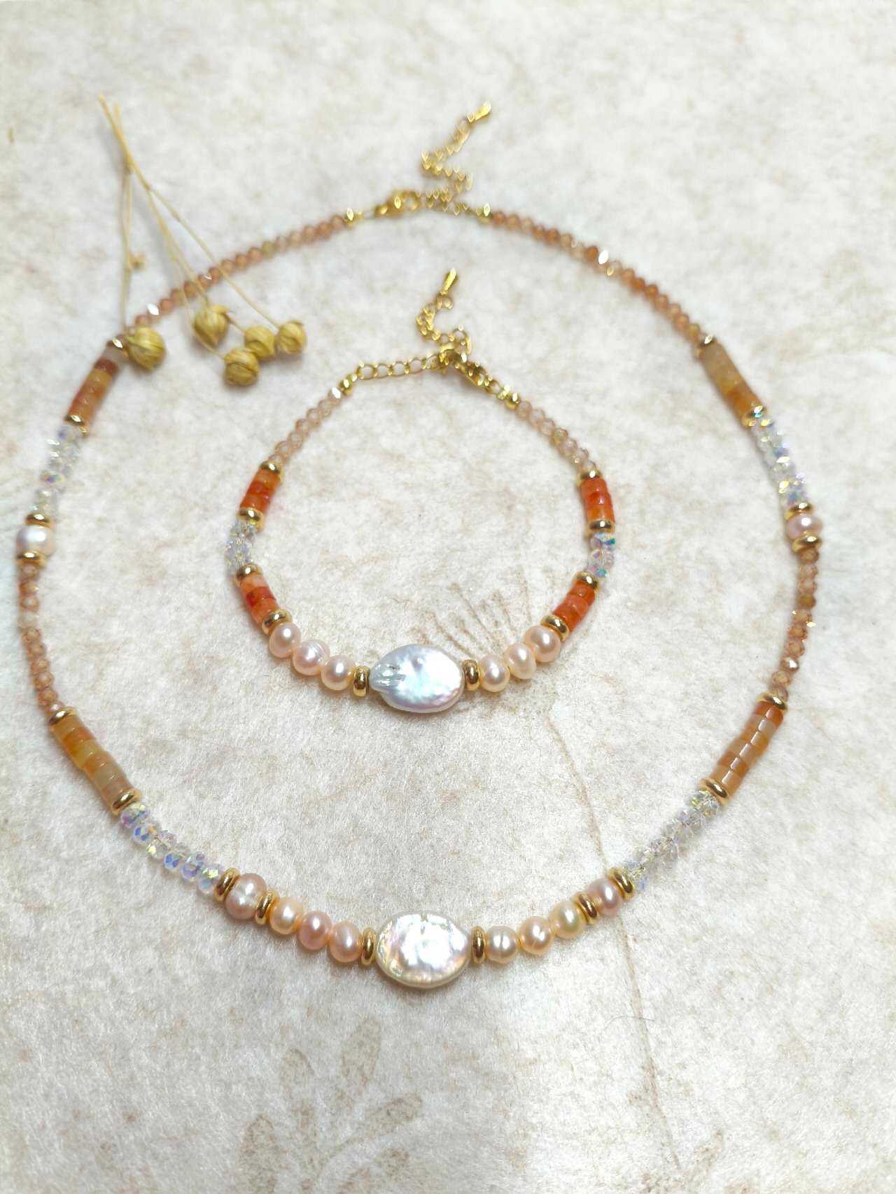 2Pcs Natural Baroque Pearl & Sunstone Beaded Jewelry Set Necklace Bracelet Gold