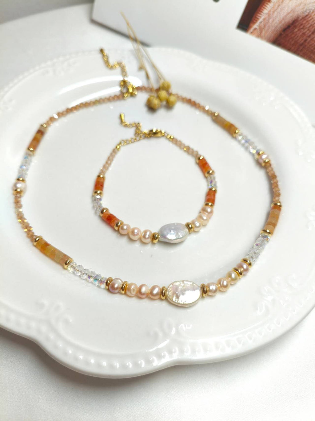 2Pcs Natural Baroque Pearl & Sunstone Beaded Jewelry Set Necklace Bracelet Gold