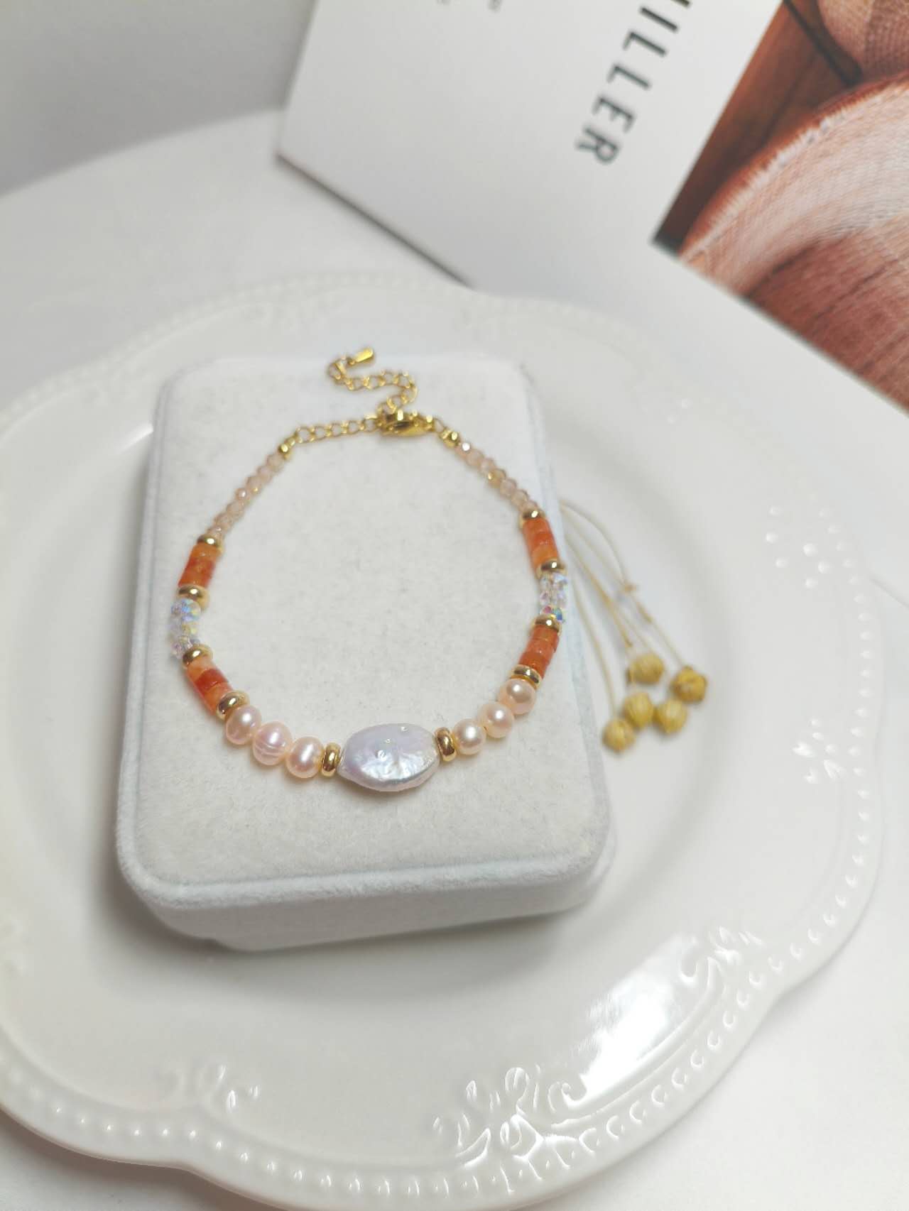 2Pcs Natural Baroque Pearl & Sunstone Beaded Jewelry Set Necklace Bracelet Gold