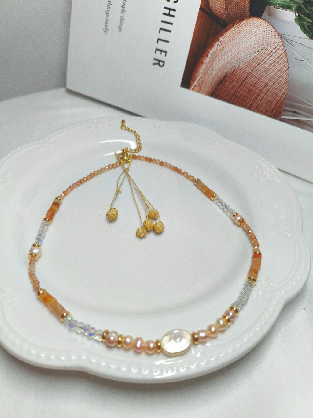 2Pcs Natural Baroque Pearl & Sunstone Beaded Jewelry Set Necklace Bracelet Gold