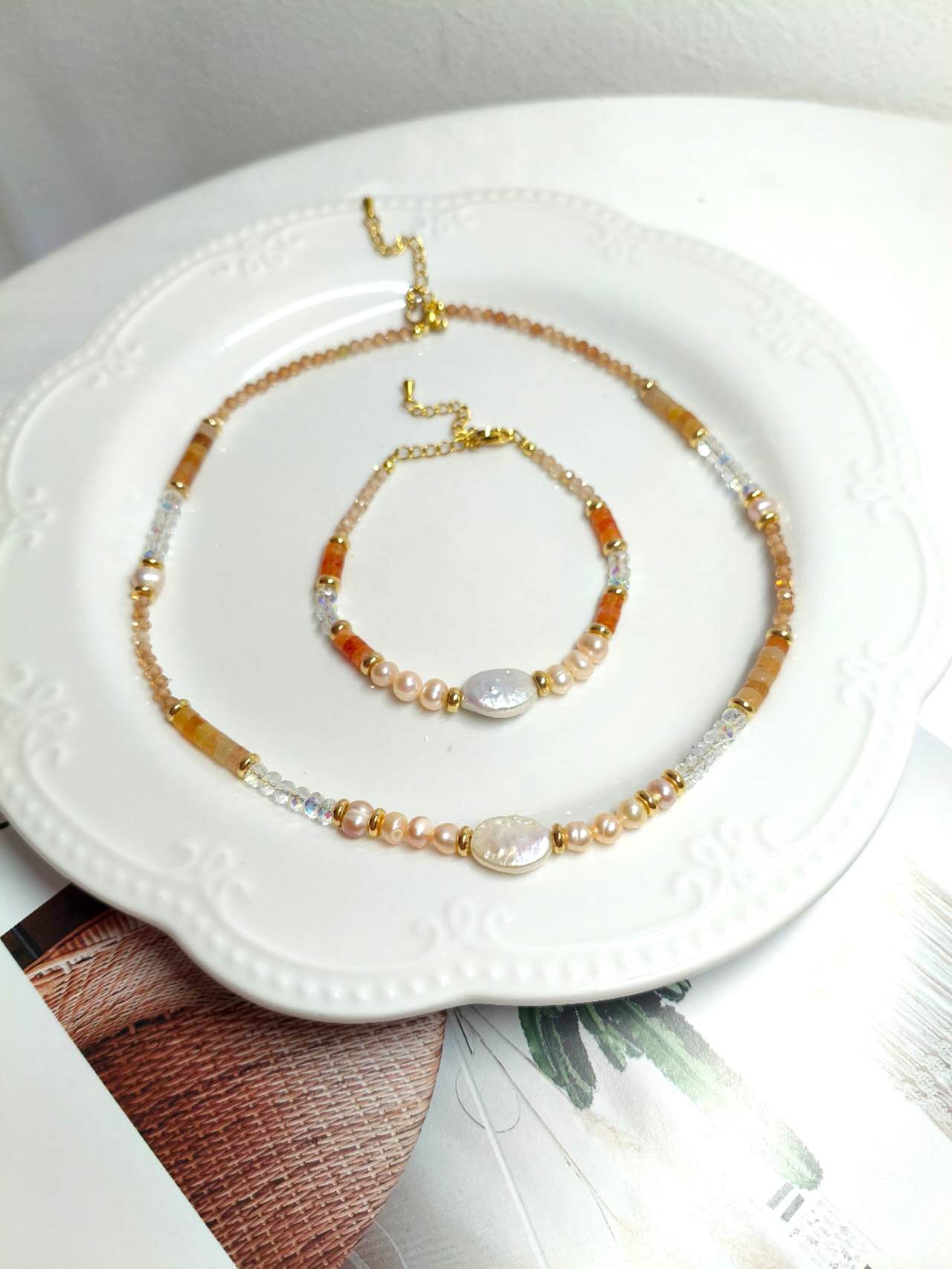 2Pcs Natural Baroque Pearl & Sunstone Beaded Jewelry Set Necklace Bracelet Gold