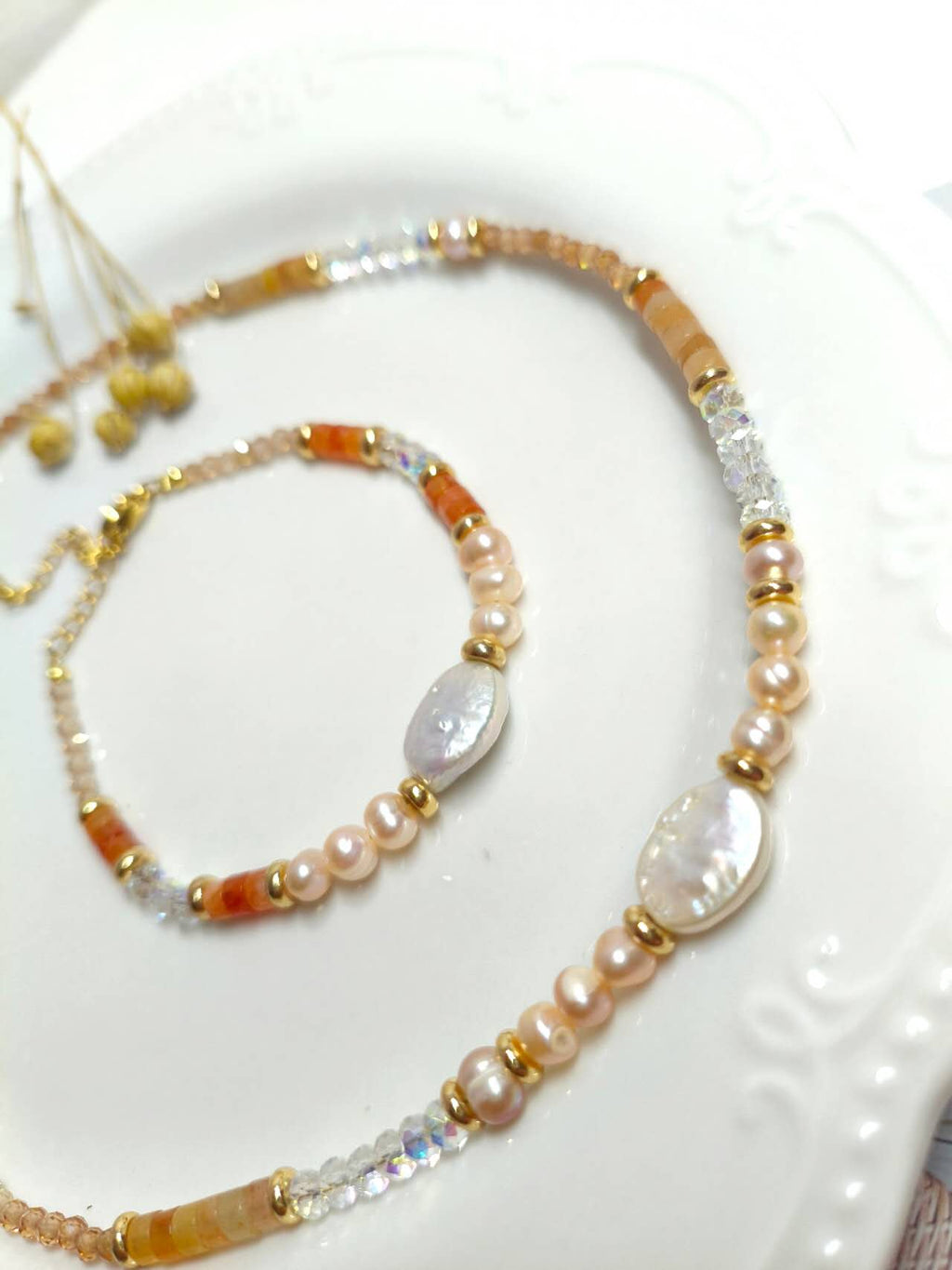 2Pcs Natural Baroque Pearl & Sunstone Beaded Jewelry Set Necklace Bracelet Gold