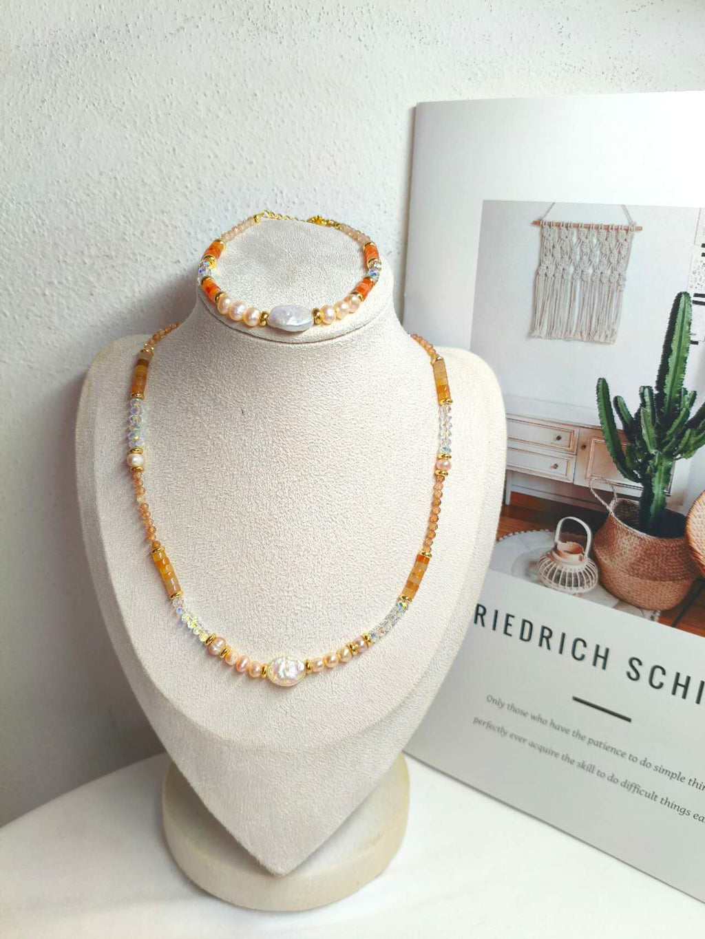 2Pcs Natural Baroque Pearl & Sunstone Beaded Jewelry Set Necklace Bracelet Gold