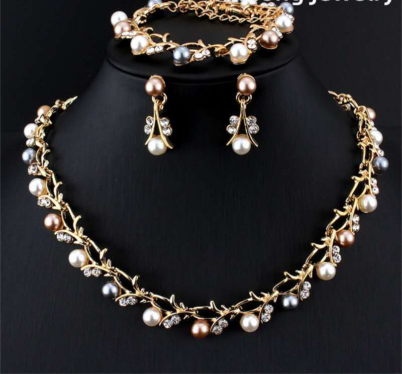 3Pcs Faux Pearl Crystal Bridal Jewelry Set Gold/Silver Plated Necklace Bracelet Earrings