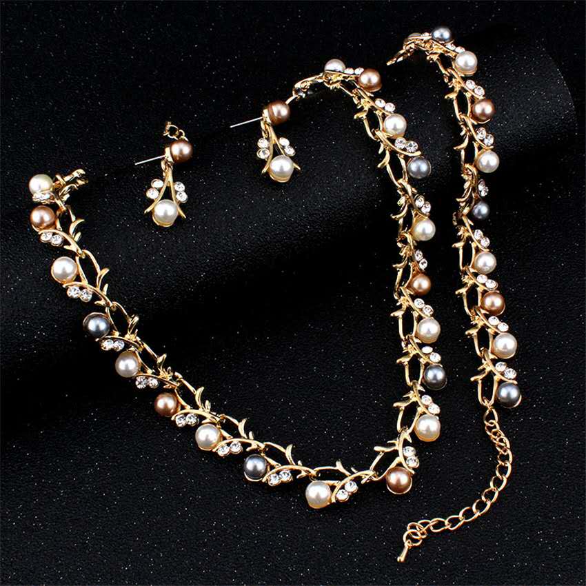 3Pcs Faux Pearl Crystal Bridal Jewelry Set Gold/Silver Plated Necklace Bracelet Earrings