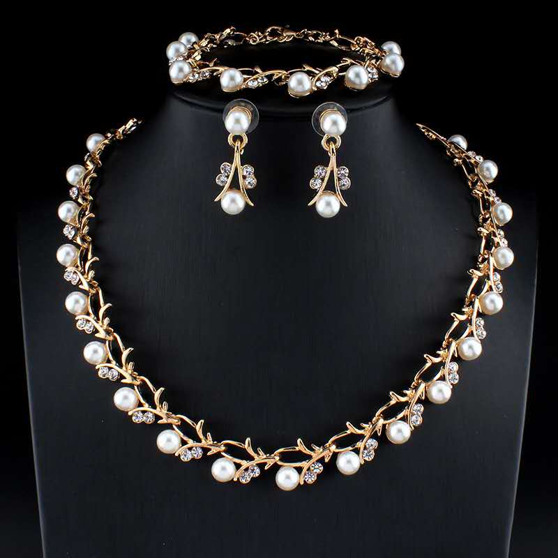 3Pcs Faux Pearl Crystal Bridal Jewelry Set Gold/Silver Plated Necklace Bracelet Earrings