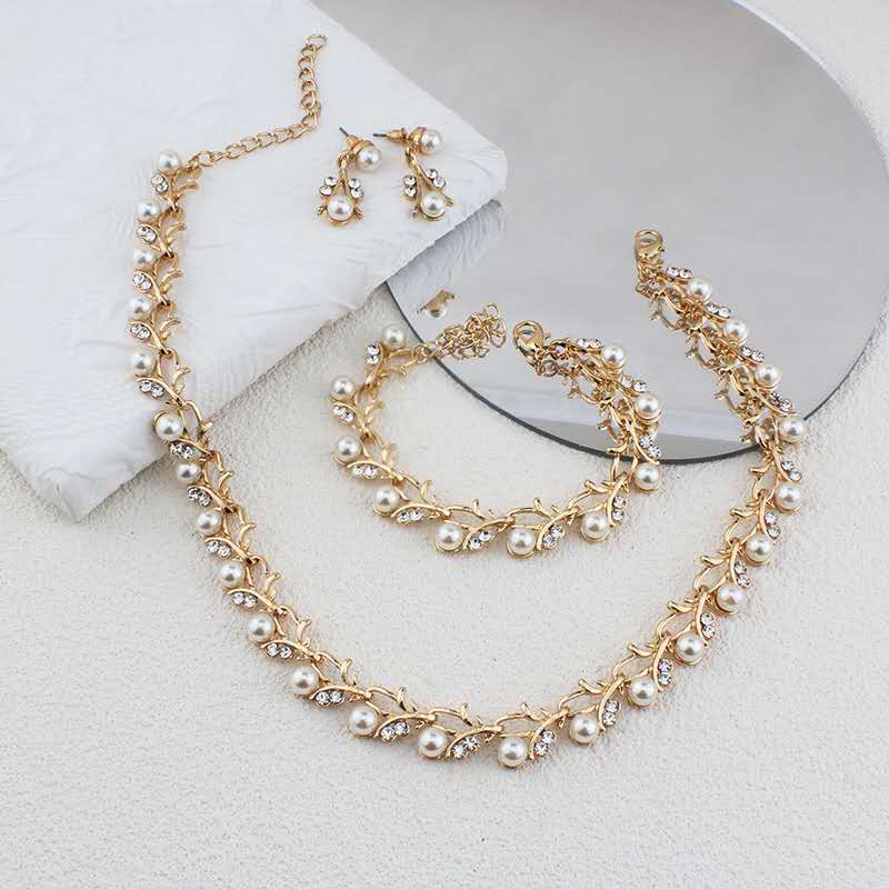 3Pcs Faux Pearl Crystal Bridal Jewelry Set Gold/Silver Plated Necklace Bracelet Earrings