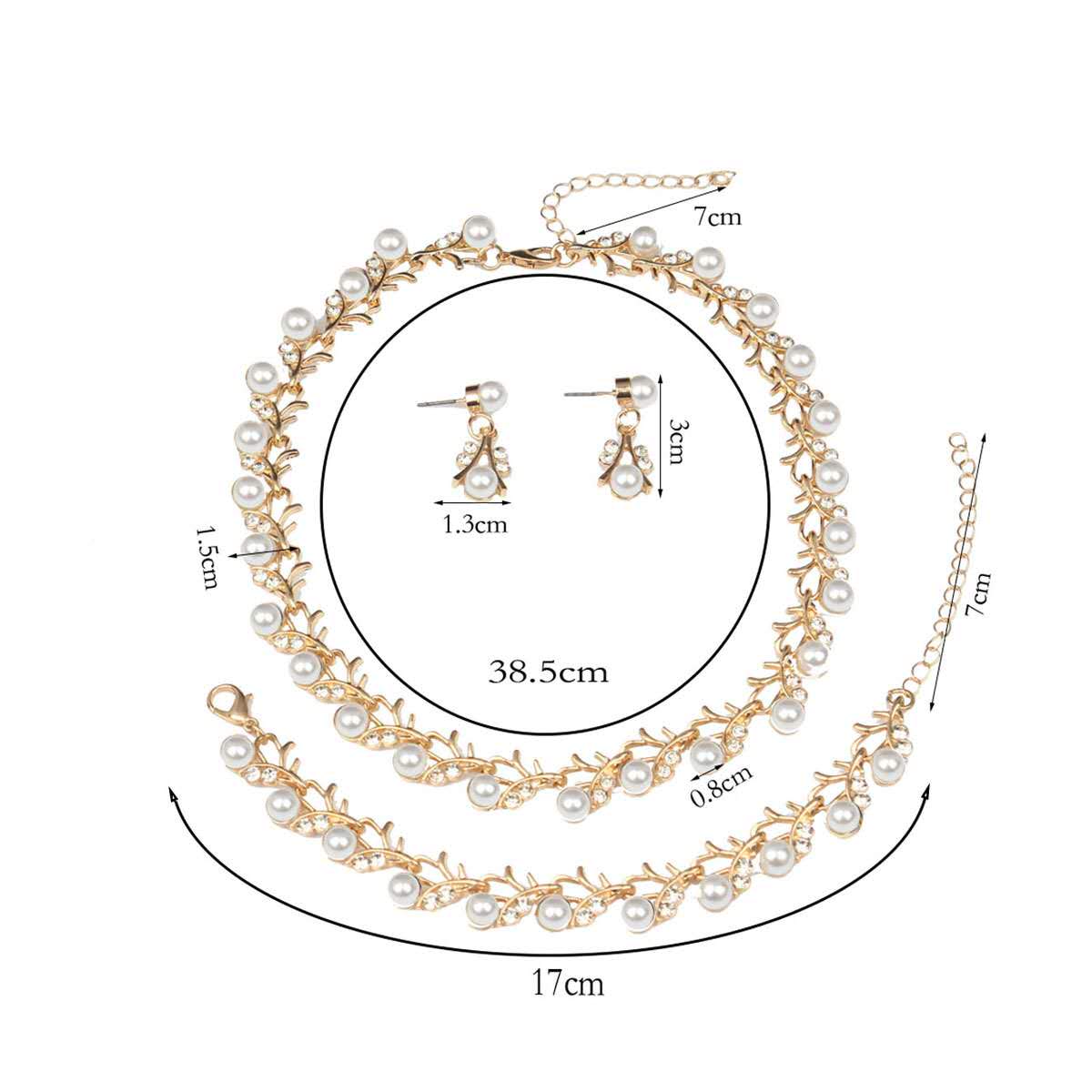 3Pcs Faux Pearl Crystal Bridal Jewelry Set Gold/Silver Plated Necklace Bracelet Earrings